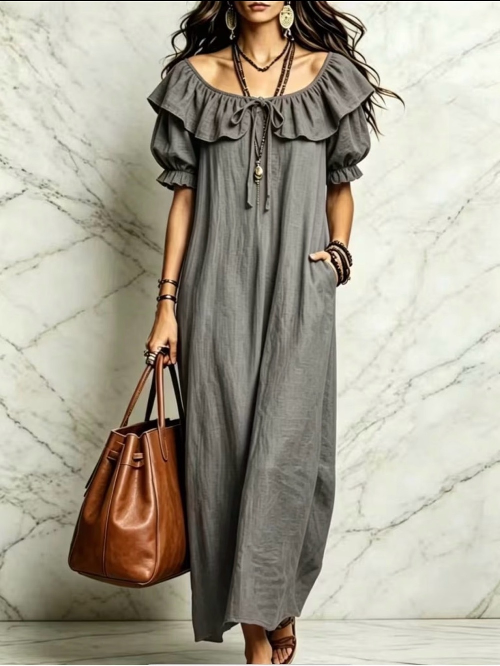 Off-Shoulder Ruffle Maxi Dress - Gray - Picture 4 of 8